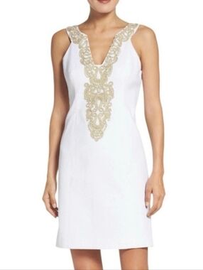 Lilly Pulitzer Suzette Resort White Metallic Gold Cording Shift Dress